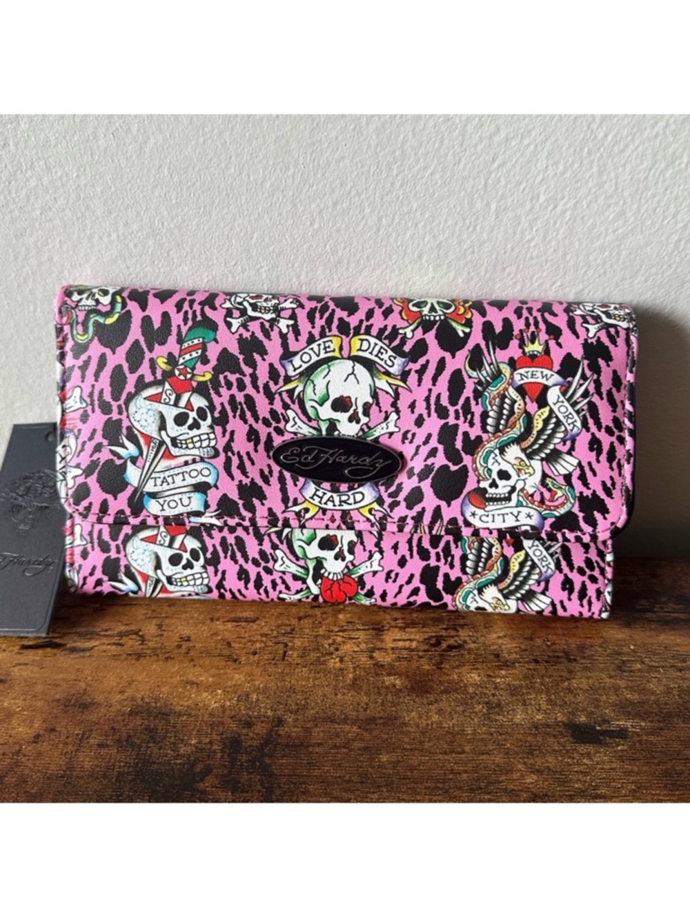 Ed Hardy Pink Skull Tattoo Print Clutch